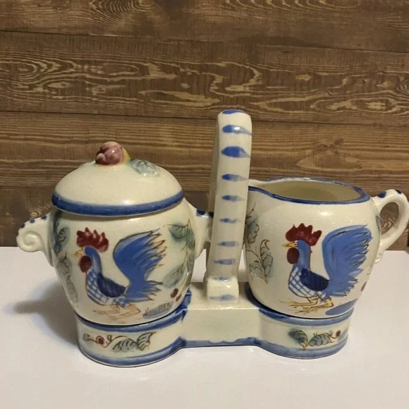 Nasco Blue Rooster Sugar Bowl Creamer Caddy Set Japan Vintage Cottagecore EUC - Picture 1 of 1